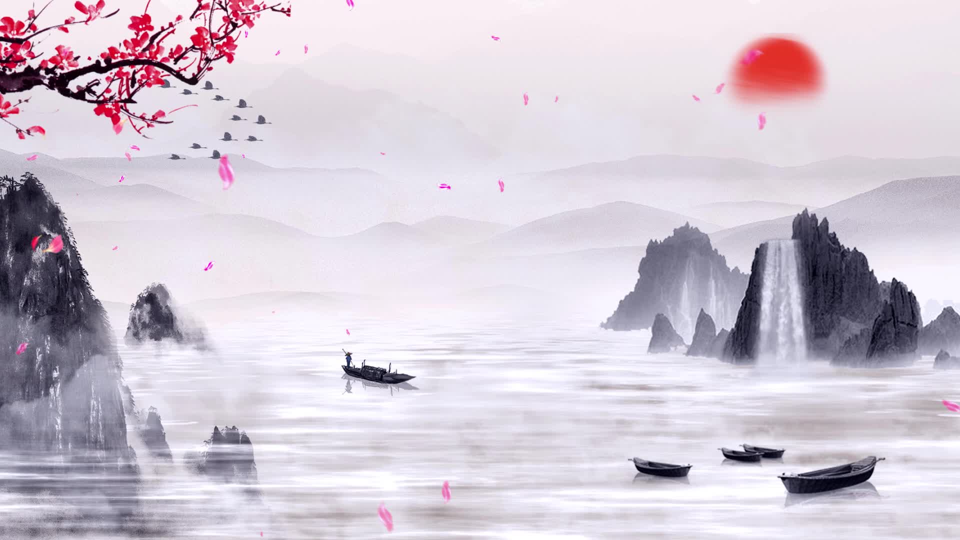 中国风水墨山水视频背景素材 红日 梅花 瀑布 河流 船只 led背景视频素材