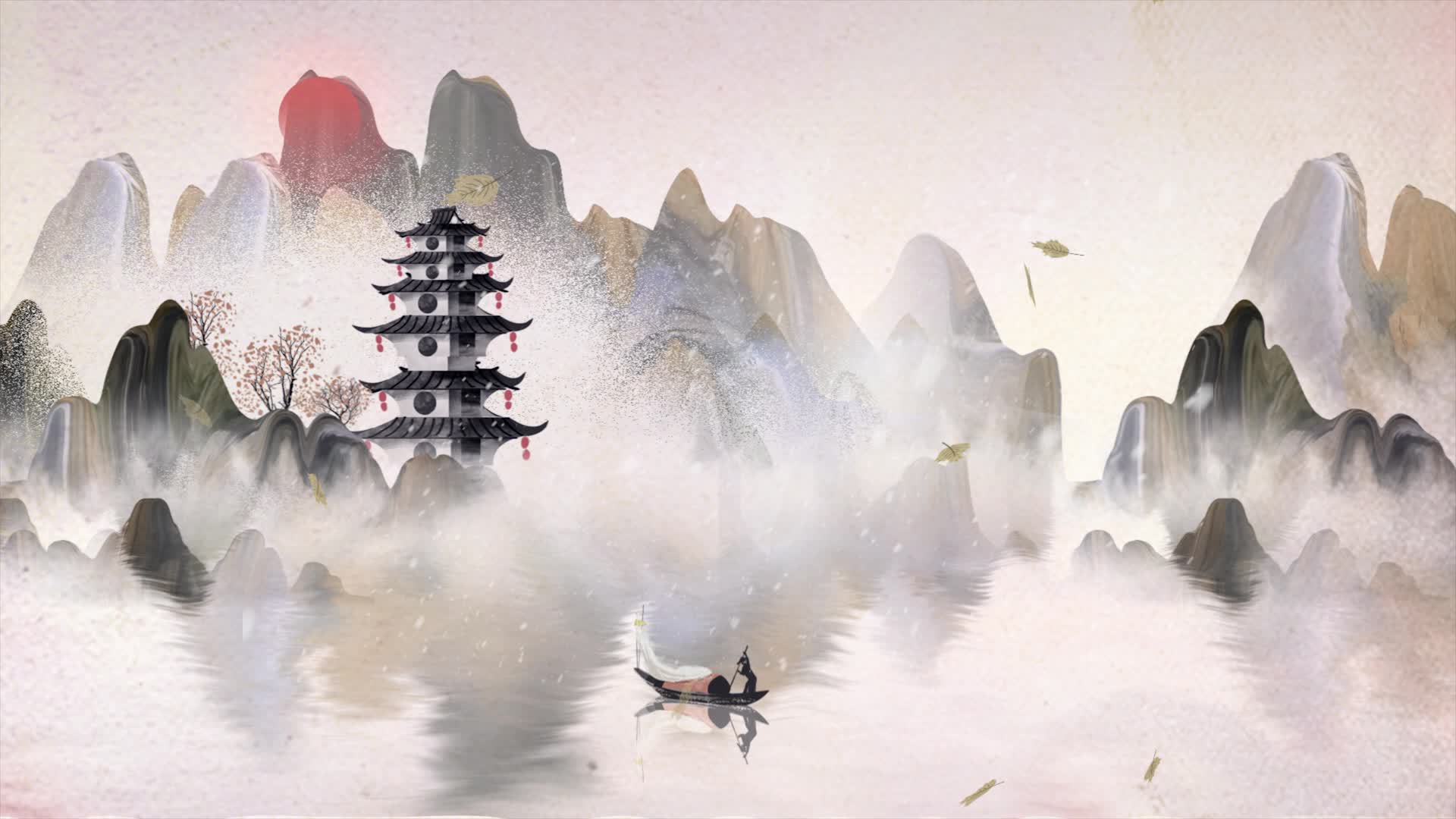 中国风山水视频背景素材 复古水墨塔楼视频素材 水墨寺庙 群山河流 游船 红日 led背景视频素材