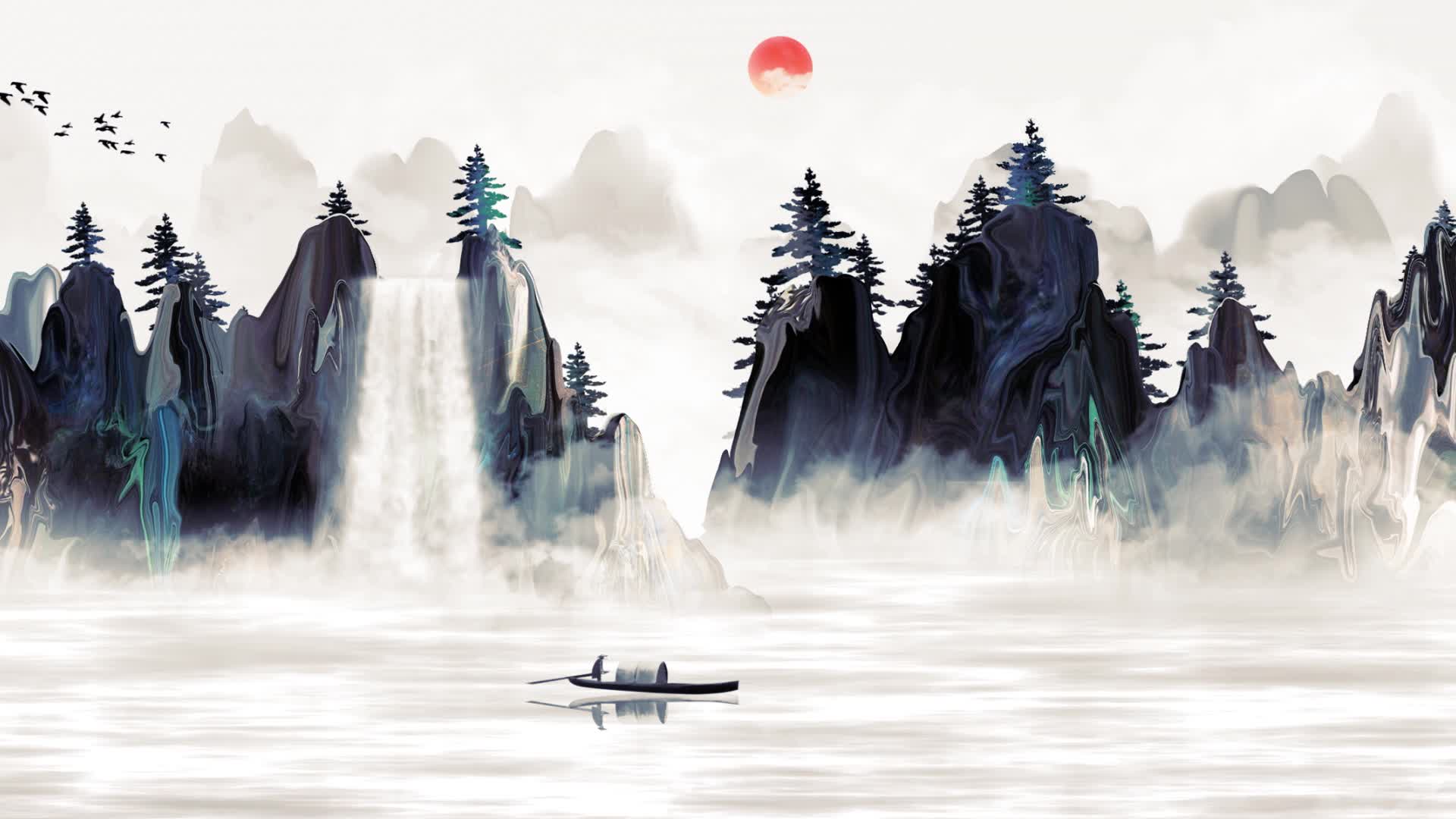 中国风水墨山水视频背景素材 红日 游船 瀑布 复古风水墨背景素材