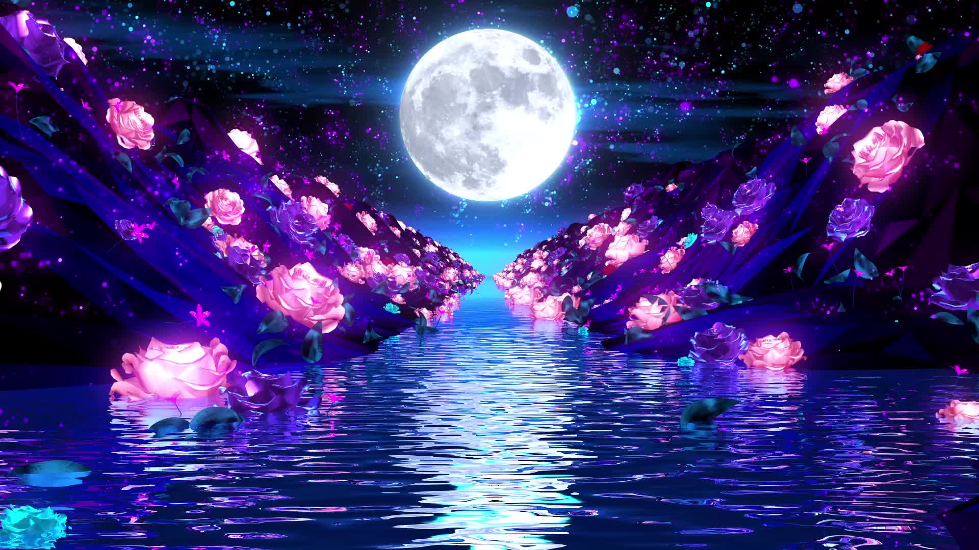 中秋圆月花朵夜景