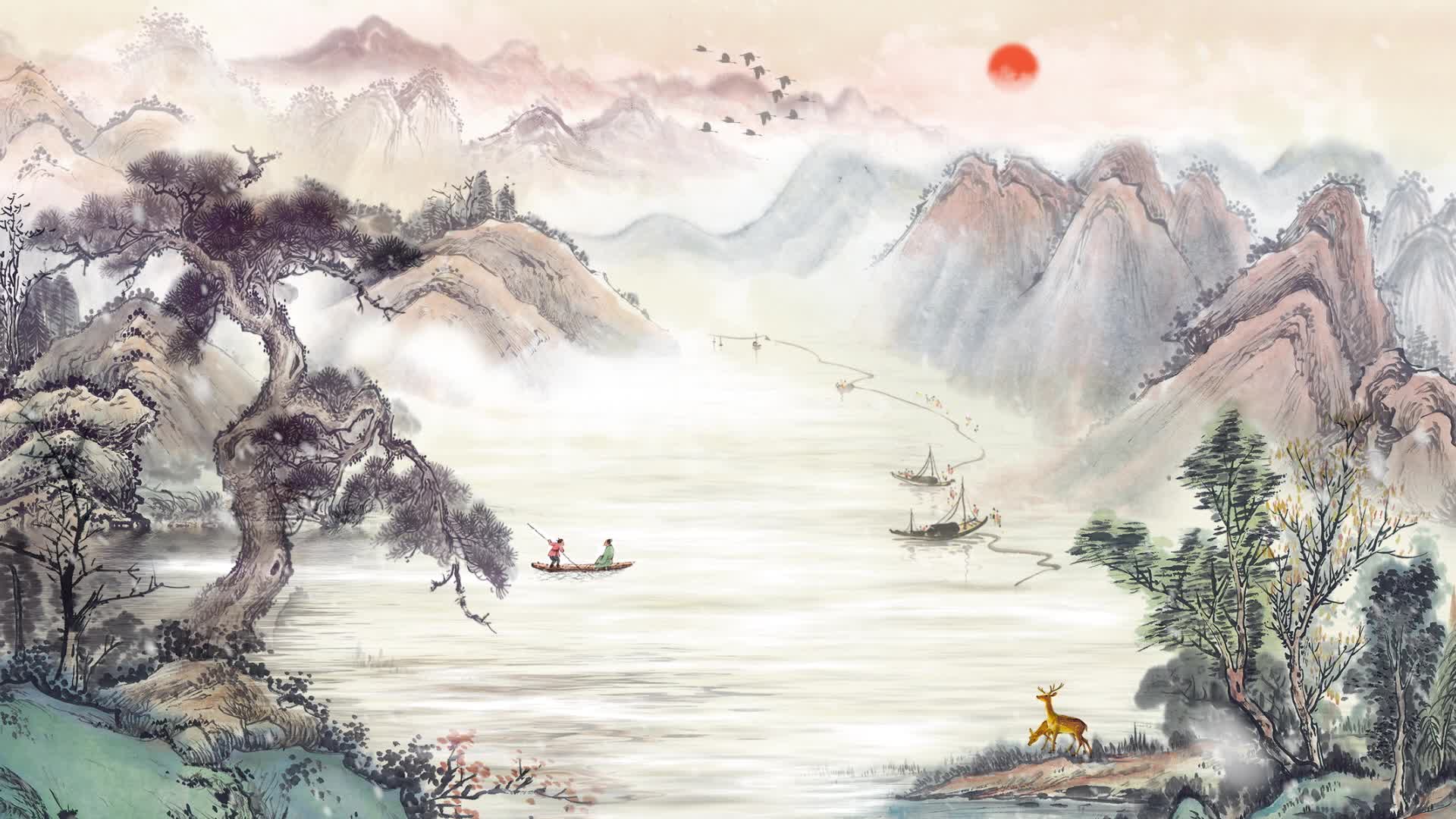 大气复古中国风山水视频背景素材 红日 松树 河流 led山水背景素材