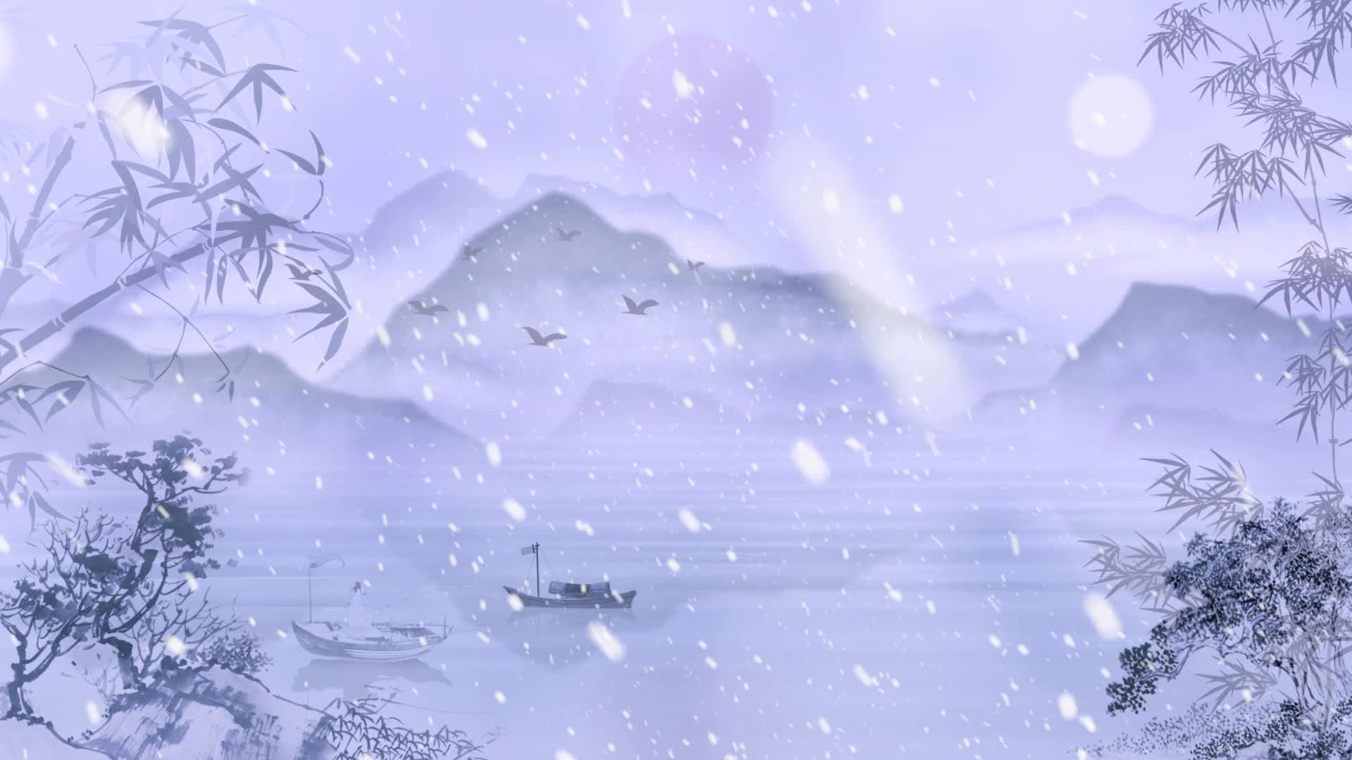 中国风水墨冬季雪景山水视频素材背景