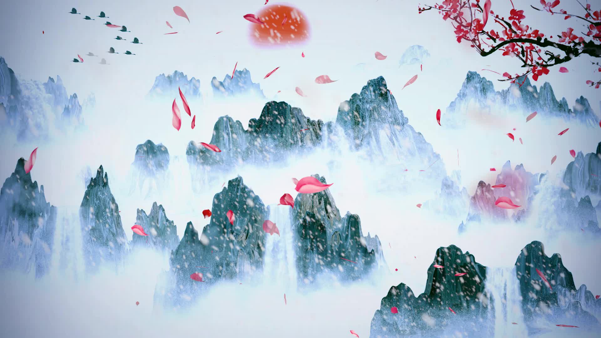 中国风水墨山水雪景冬季视频背景素材