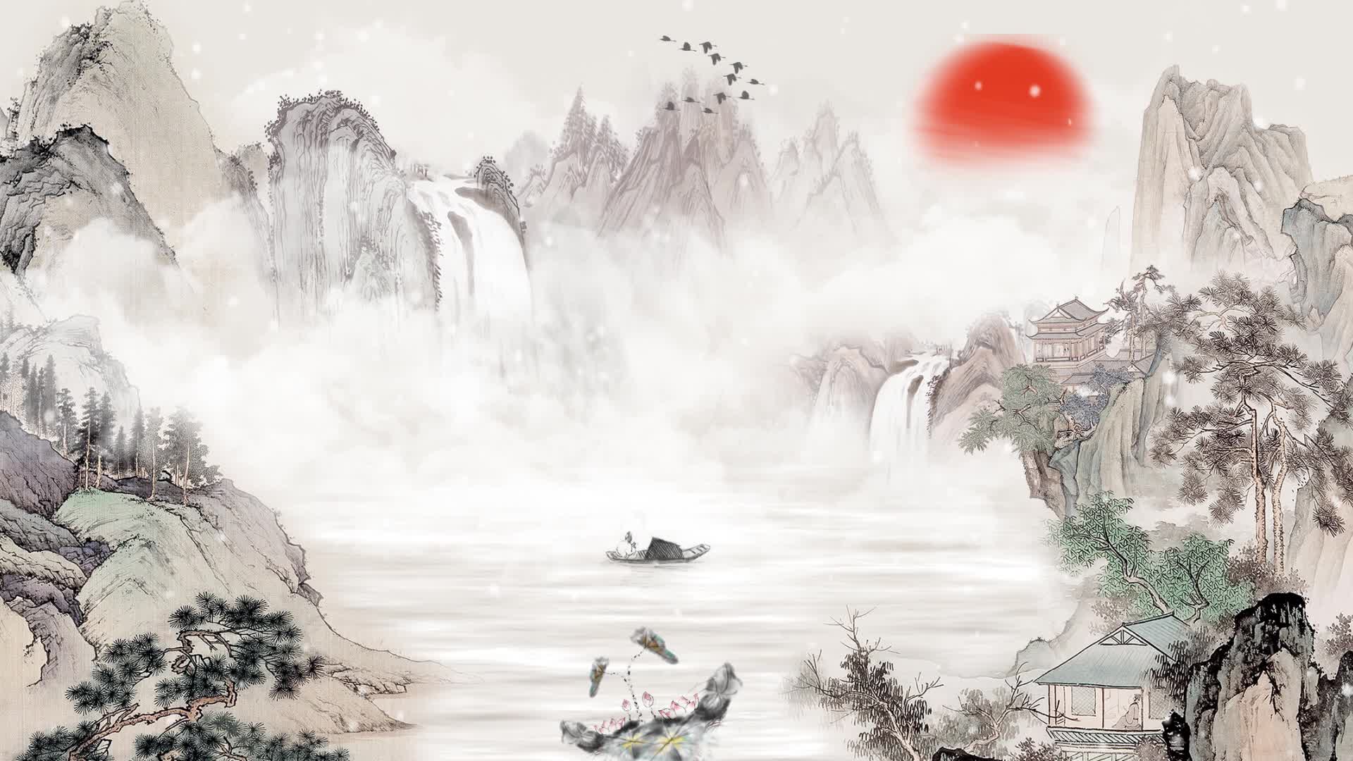 中国风水墨山水视频素材 水墨飘雪 复古大气山水动画视频led素材