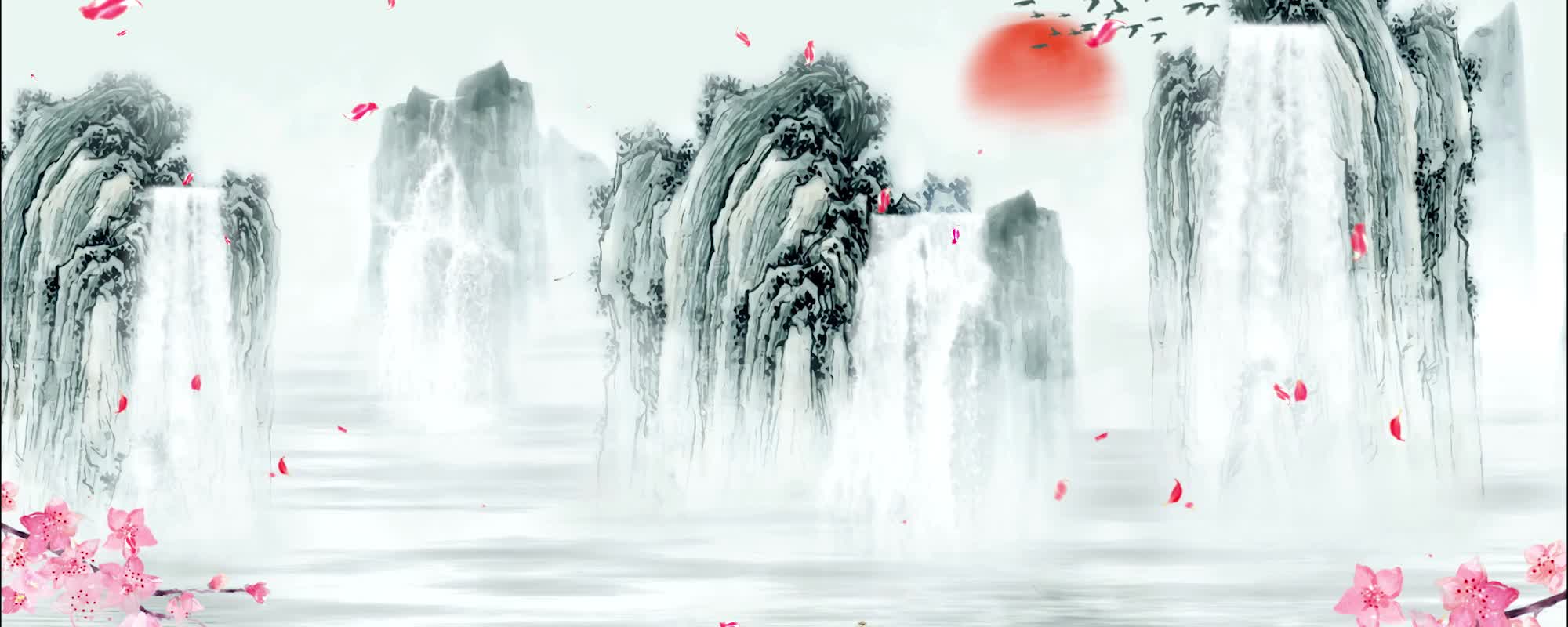 中国风水墨国画山水画led大屏视频背景素材唯美水墨高山流水视频背景
