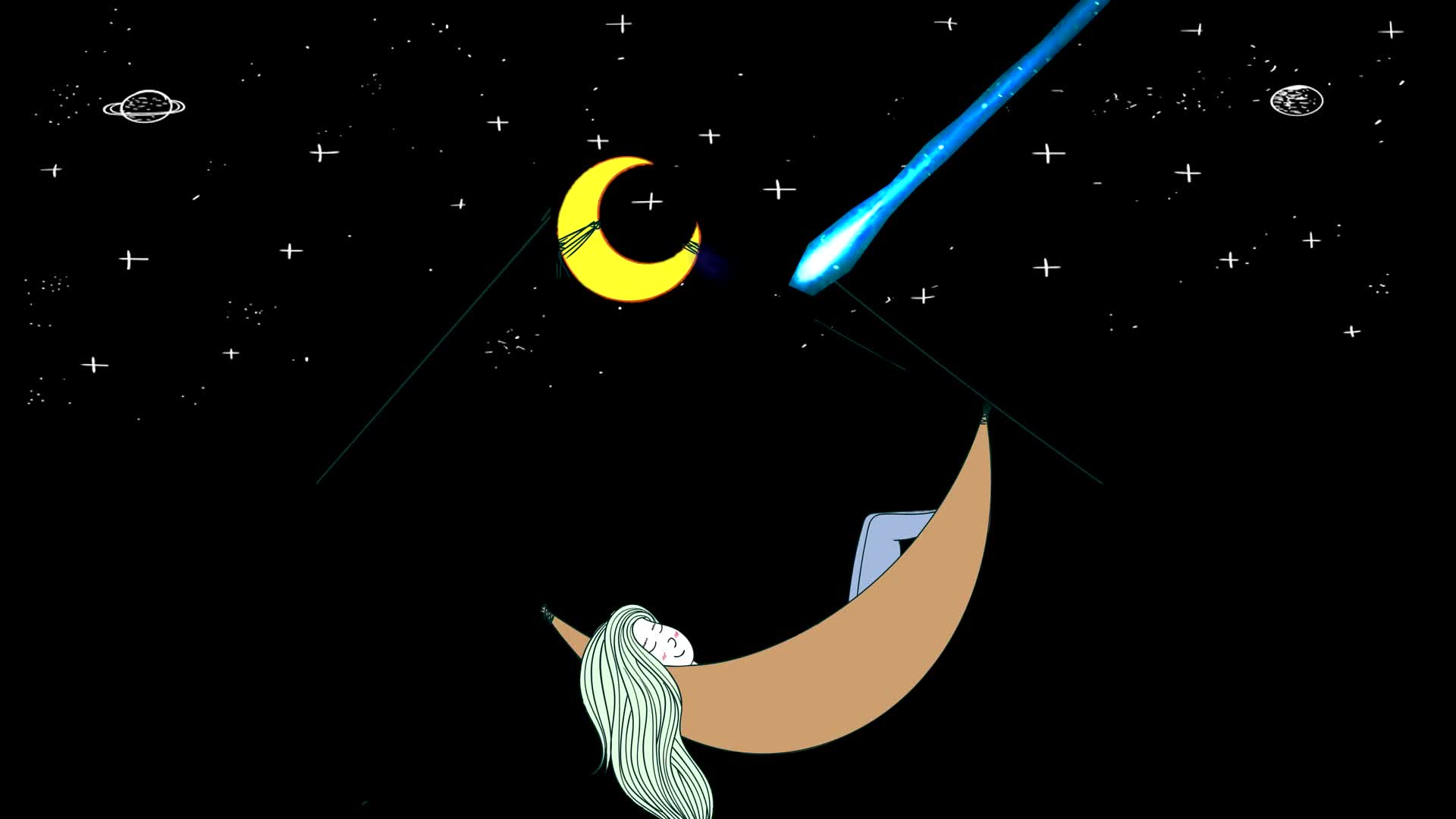 夜晚小姑娘躺在月亮船上插图