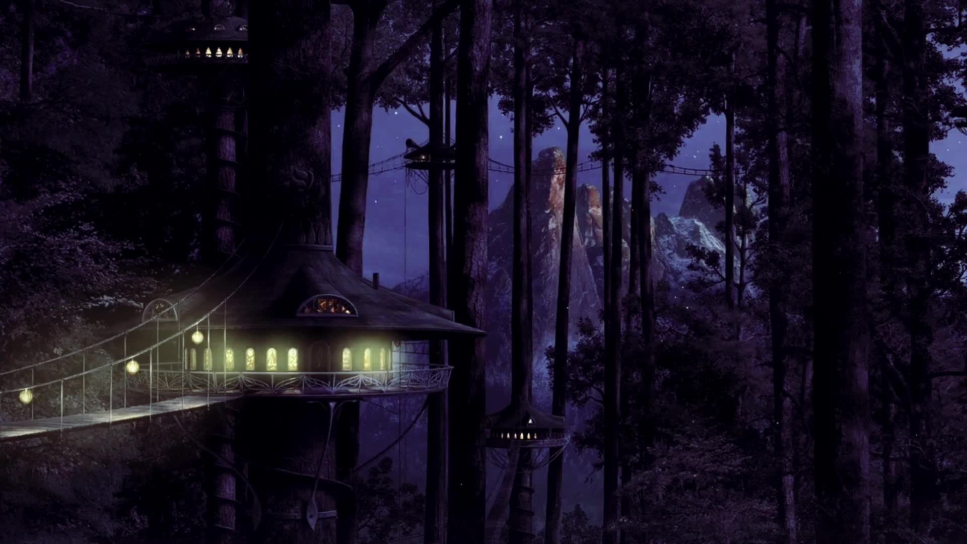 森林树屋夜景