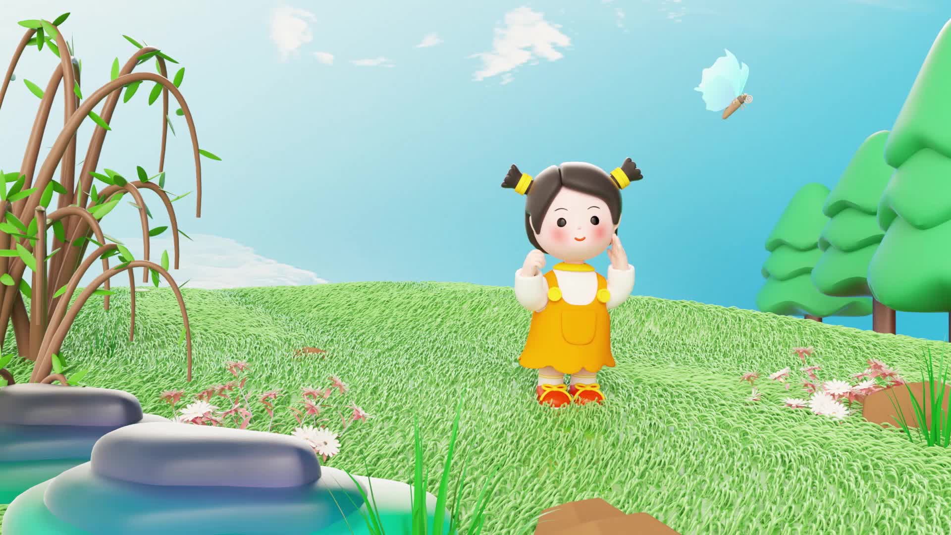 小女孩捉蝴蝶动画素材