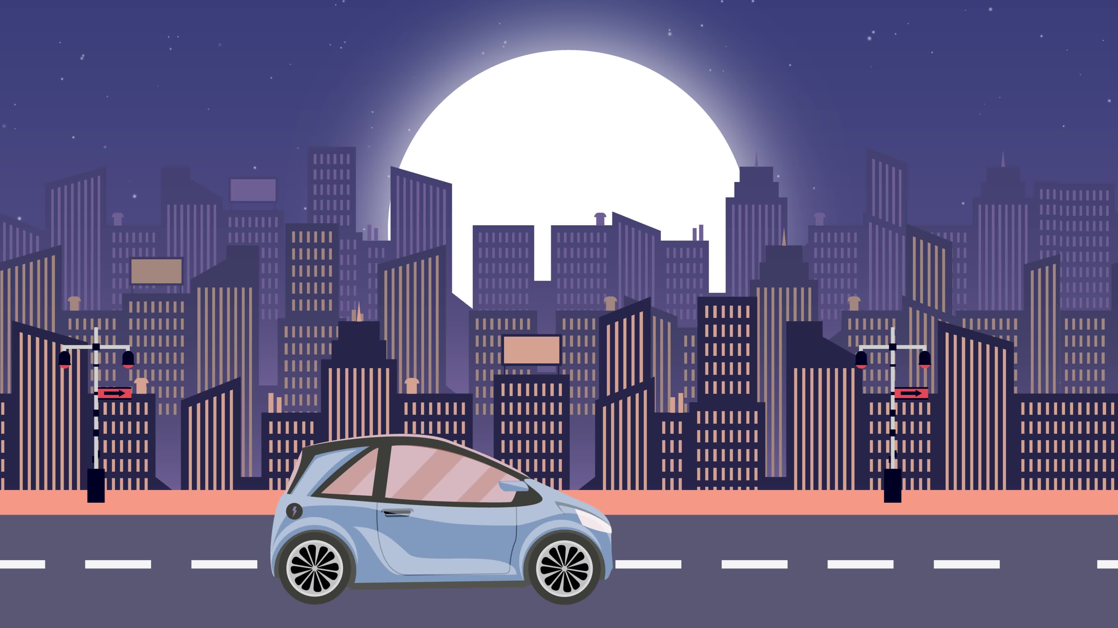 夜晚小轿车行驶在城市街道上